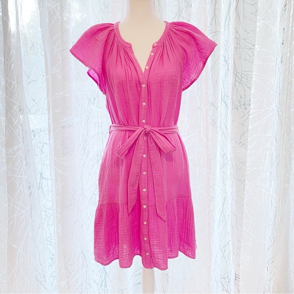 XiRENA Dresses & Skirts - XÍRENA Pink Jude Cotton Gauze Flutter Short Sleeve Button Up Belted Mini Dress
